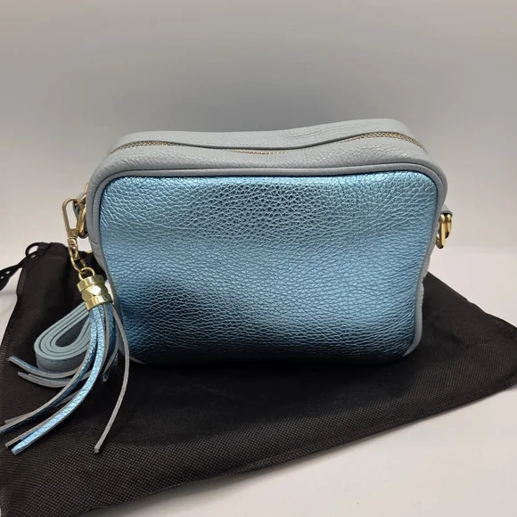 Elie Beaumont London Crossbody Handbag Purse Light Blue Pebbled Leather Metallic - Picture 5 of 10